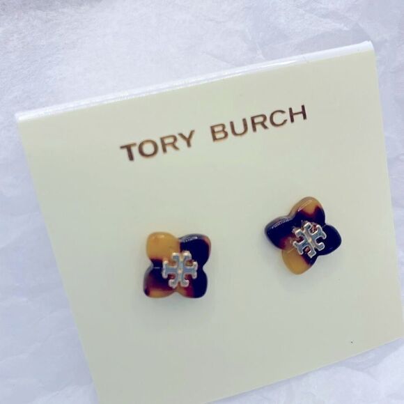 New Tory Burch Tortoise Flower Gold Logo Stud Earrings - Picture 7 of 10